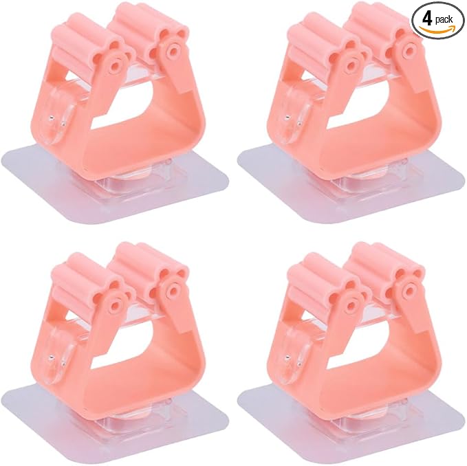 Broom And Mop Holder Clip 4 Pcs Mop Broom Wall Mounted Heavy Duty With Plastic Hooks Hanger No Drilling Mop Gripper For Home Bathroom Kitchen (pink)