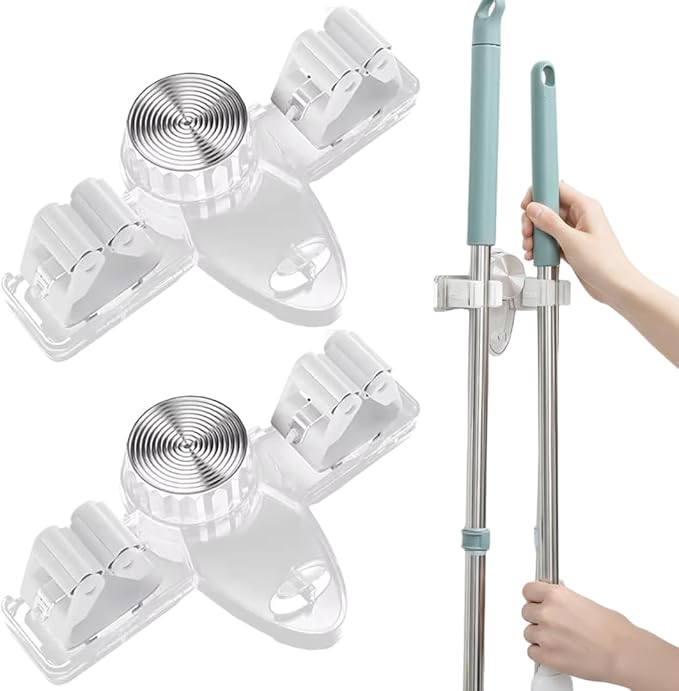 2PCS Suction Cup Broom Holder Wall Mount, No Drill Mop and Broom Organizer with Retractable Towel Rack, Transparent Bathroom Storage, ClearHome Decor