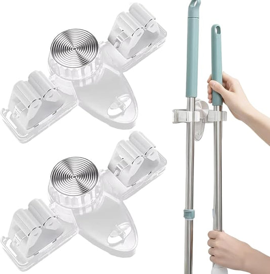 2PCS Suction Cup Broom Holder Wall Mount, No Drill Mop and Broom Organizer with Retractable Towel Rack, Transparent Bathroom Storage, ClearHome Decor