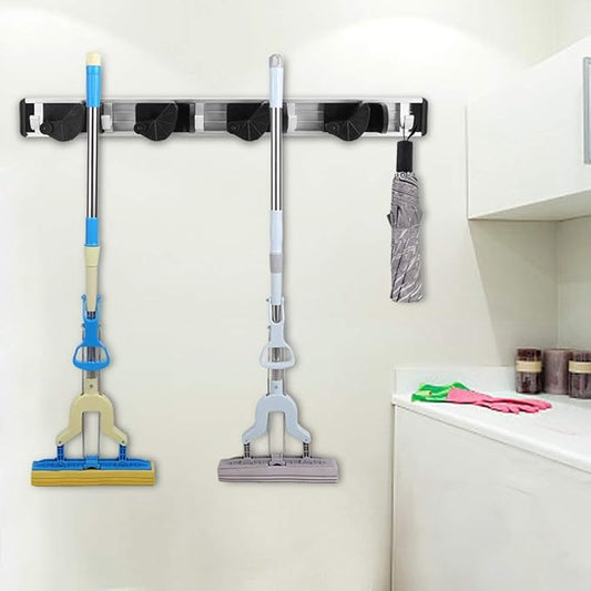 Mop Holder, Mop and Broom Holder, Wall Mounted, Tool Storage, Organizer for Home Use (Four holes and five hangings)