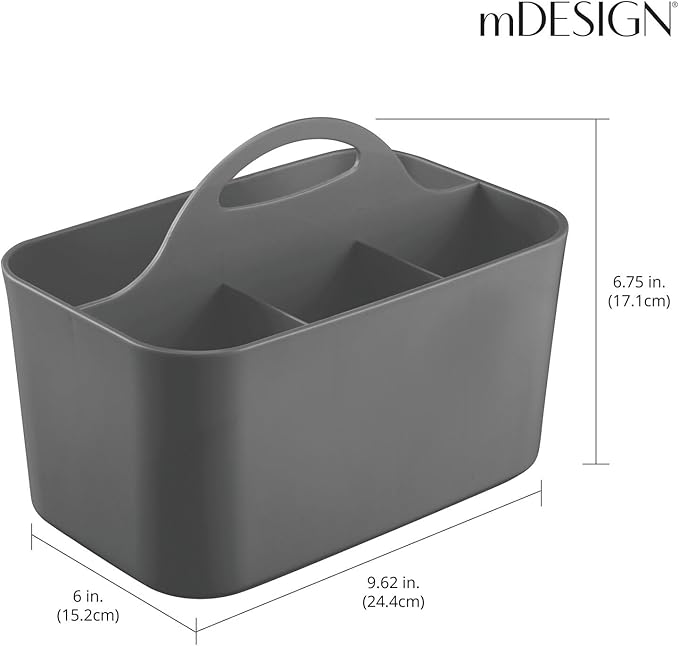 mDesign Small Plastic Shower/Bath Storage Organizer Caddy Tote with Handle for Dorm, Shelf, Cabinet - Hold Soap, Shampoo, Conditioner, Combs, Brushes, Lumiere Collection, Dark Gray (Pack of 2)