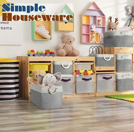 Simple Houseware Large Fabric Storage Bin, 15.7" x 12" with Braided Handles, 3 Pack, Gray