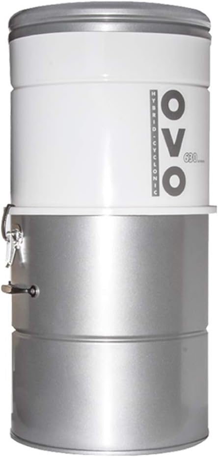 OVO Large and Powerful Central Vacuum System, 630 AWHybrid Filtration (With or Without disposable bags), Covers up to 7500 sq.ft, 6,6 Gal / 25L Bottom load Rolled Steel Canister