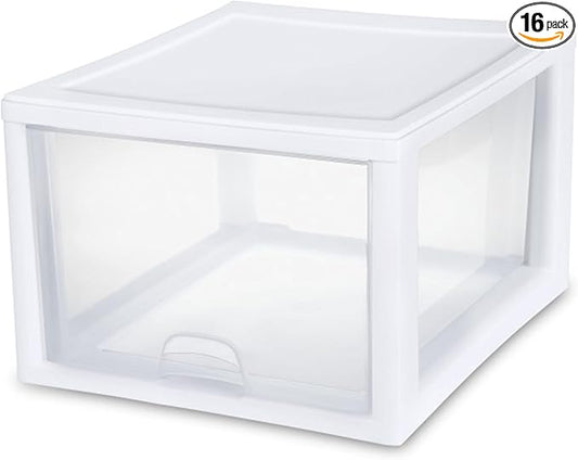 Sterilite 16-Pack 27 Quart Stacking Drawer, Clear Storage Closet Organizer, White Frame - Stackable Modular Plastic Drawers for Clothes, Accessories, Craft Supplies, Shoes or Linens