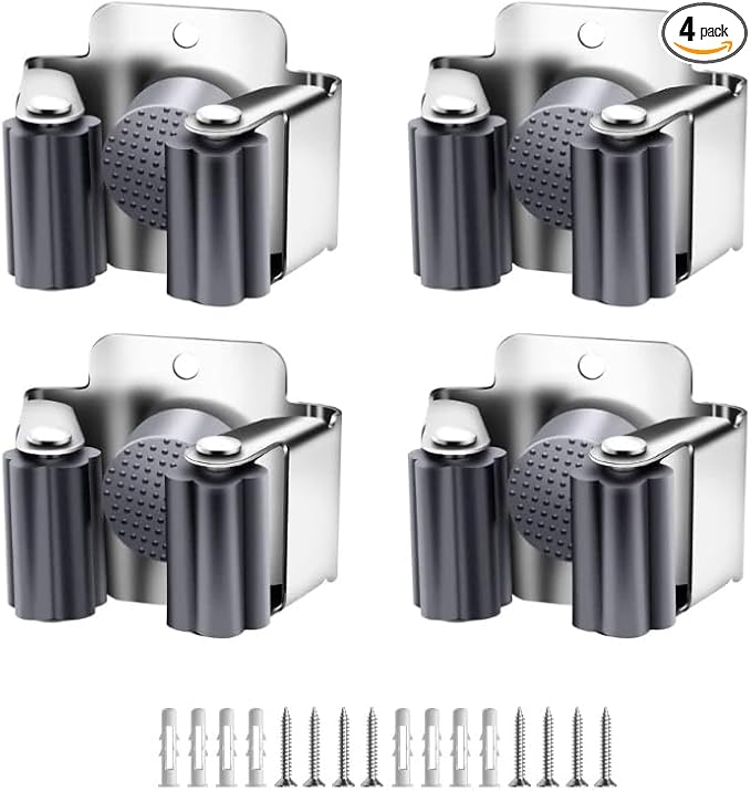 AKOAK Broom and Mop Rack Holder, Wall Storage Organizer, Screw Mount, Garden Tool Organizer Stainless Steel Mop Rack, Home, Kitchen, Bathroom, Garden, Garage Storage (4 PCS, Silver)