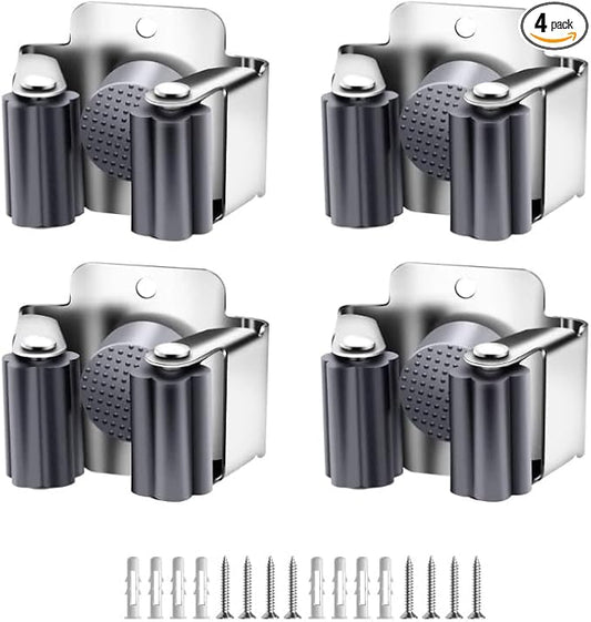 AKOAK Broom and Mop Rack Holder, Wall Storage Organizer, Screw Mount, Garden Tool Organizer Stainless Steel Mop Rack, Home, Kitchen, Bathroom, Garden, Garage Storage (4 PCS, Silver)