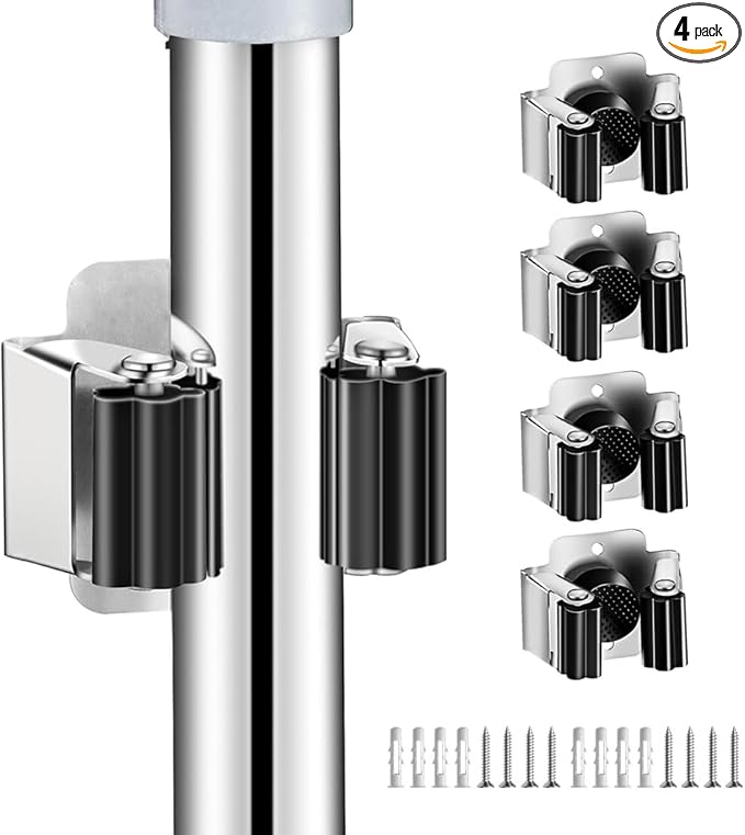 AKOAK Broom and Mop Rack Holder, Wall Storage Organizer, Screw Mount, Garden Tool Organizer Stainless Steel Mop Rack, Home, Kitchen, Bathroom, Garden, Garage Storage (4 PCS, Black+Silver)