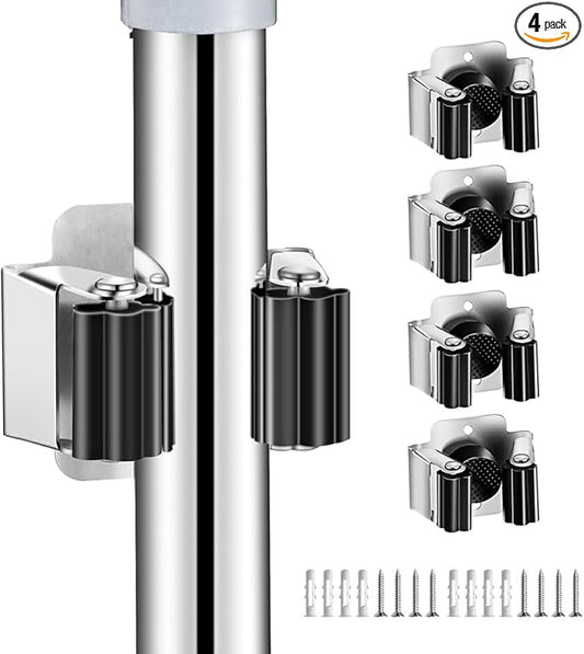 AKOAK Broom and Mop Rack Holder, Wall Storage Organizer, Screw Mount, Garden Tool Organizer Stainless Steel Mop Rack, Home, Kitchen, Bathroom, Garden, Garage Storage (4 PCS, Black+Silver)