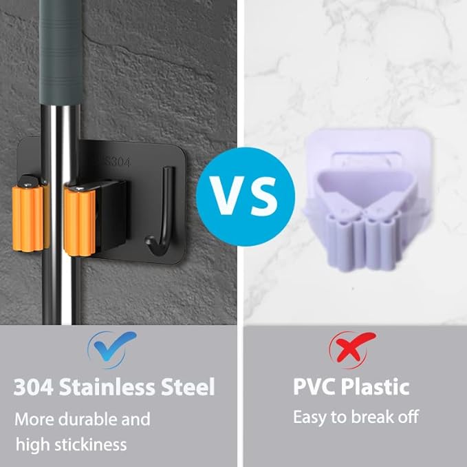 Mop Broom Holder No Drill, Mop Broom Organizer Wall Mounted Heavy Duty with Hooks Hanger, Self Adhesive Stainless Steel 4Pcs for Bathroom, Kitchen, Office (Orange)