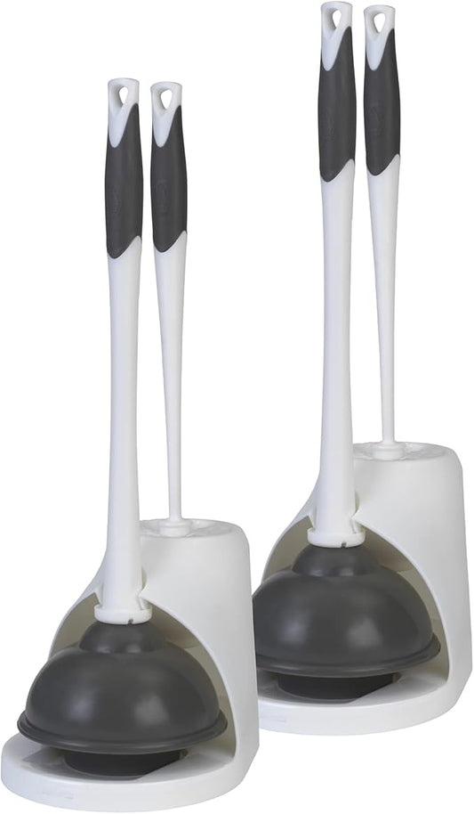 Clorox Toilet Plunger and Bowl Brush Combo Set with Caddy, 6.75" x 7" x 19.5", White/Gray, Pack of 2 - Plunger and Toilet Bowl Brush, Heavy Duty Plunger, Toilet Cleaning Brush, Freestanding Caddy