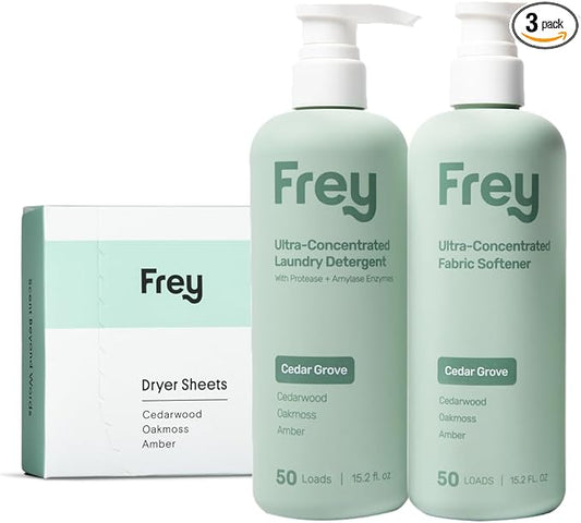 FREY The Complete Package - Concentrated Liquid Laundry Detergent, Fabric Softener, & Dryer Sheets (Cedar Grove)