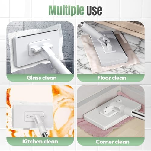 Disposable Dust Mop with Pressure Clamping System, 39 inch Long Handle Wet and Dry Flat Mopping Sweeper Stick with Locking Head & Sweeping Cloths for Multi Surface Floor Cleaning (1 mop+5 Clothes)