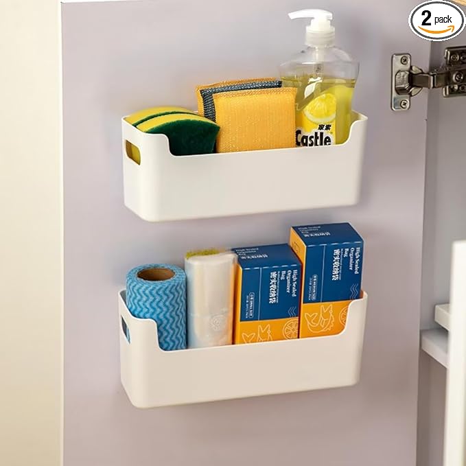 2 Pcs Kitchen Cabinet Door Organizer,Adhesive Mount Inside Cabinet Door Storage,Under Sink Door Storage Shelf for Kitchen,Bathroom,Office,Garage,Craft Room(White)