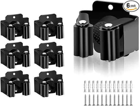 AKOAK Broom and Mop Rack Holder, Wall Storage Organizer, Screw Mount, Garden Tool Organizer Stainless Steel Mop Rack, Home, Kitchen, Bathroom, Garden, Garage Storage (6 PCS, Black)