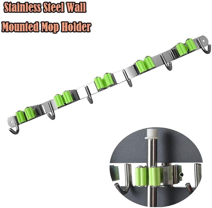 SEIWEI Mop and Broom Holder Wall Mounted Organizer Mop and Broom Storage Tool Rack with 5 Slots and 6 Hooks for Home Organization, Garden, Basement, Kitchen