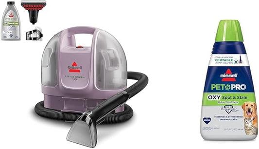 Little Green Mini Portable Carpet and Upholstery Deep Cleaner Limited Edition Color Dusk Pink, 4075L + BISSELL® PET PRO OXY Spot & Stain Formula for Portable Carpet Cleaners, 32 oz., 2034