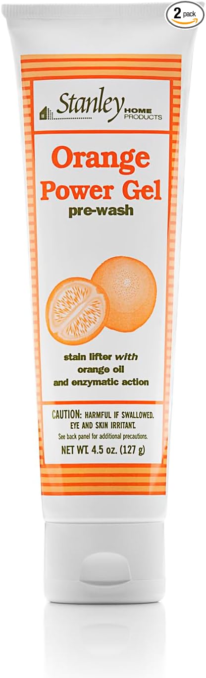 Stanley Home Products Orange Power Gel Pre Wash - Laundry Stain Remover - Spot Treat Tough Stains Works Immediately Cleans and Deodorizes Fabrics Ideal for Blood Oil Grease and More - 2 Pack
