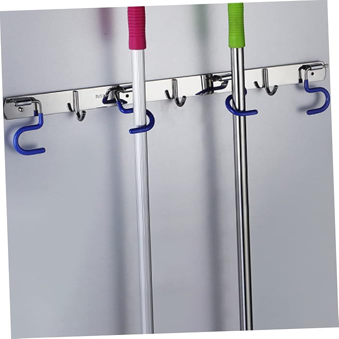 304 Stainless Steel Mop Broom Holder Wall-Mounted Organizer Hooks Heavy Duty Mop Hanger for Kitchen and Bathroom Easy Installation No Drill Required