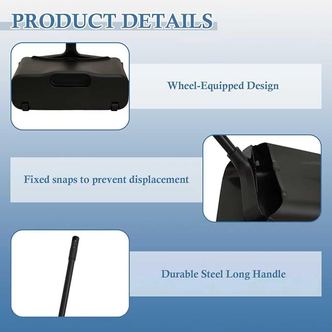 Broom and Dustpan Set with Long Handle and Wheels, Upright Standing Heavy Duty Large Dust Pan and Broom Combo for Indoor Outdoor, Kitchen, Garage, Restaurant Cleaning – Black