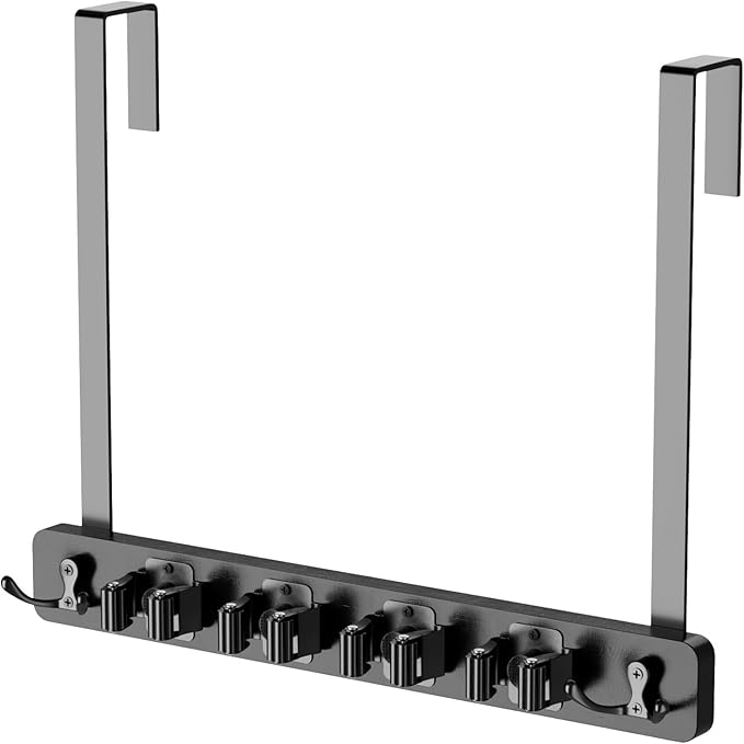 HULISEN Broom Holder Door Mount, Over the Door Broom and Mop Holder with 0.6" Thick Pads, Wood Mop Organizer Tool Hanger with 4 Racks & 2 Hooks for Laundry Cabinet Kitchen Garage, No Drills