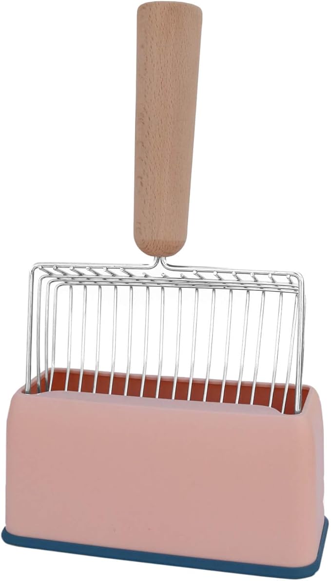 Cat Litter Scoops with Base Bracket, Kitty Scoop, Metal Cat Litter Scoop - Heavy Duty Litter Scooper & Speed Sifter with Comfortable Beech Wood Grip - Heavy Duty and Easy Clean