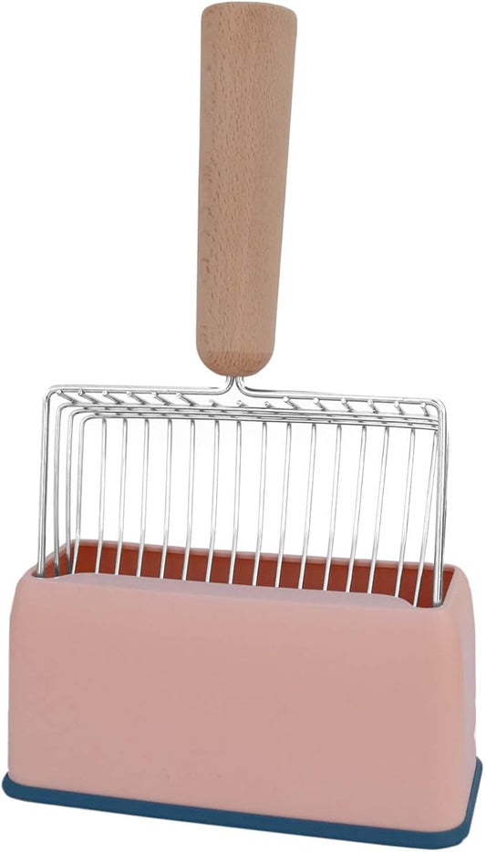 Cat Litter Scoops with Base Bracket, Kitty Scoop, Metal Cat Litter Scoop - Heavy Duty Litter Scooper & Speed Sifter with Comfortable Beech Wood Grip - Heavy Duty and Easy Clean