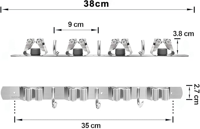 Mop and Broom Holder, 3 Positions 4 Hooks Heavy Duty Hanger Wall Mounted Stainless Steel Organizer for Holders, Home Laundry Bathroom, Garage Storage System Utility Tools Rack Storage, Grey