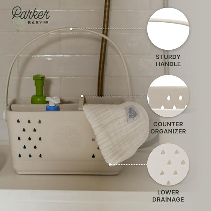 Parker Baby Bath Caddy | BPA Free & Food Grade Shower Caddy Organizer for Toys & Supplies | Quick-Dry, Sturdy & Perfect Size Shower Basket w/Handle in Neutral Colors