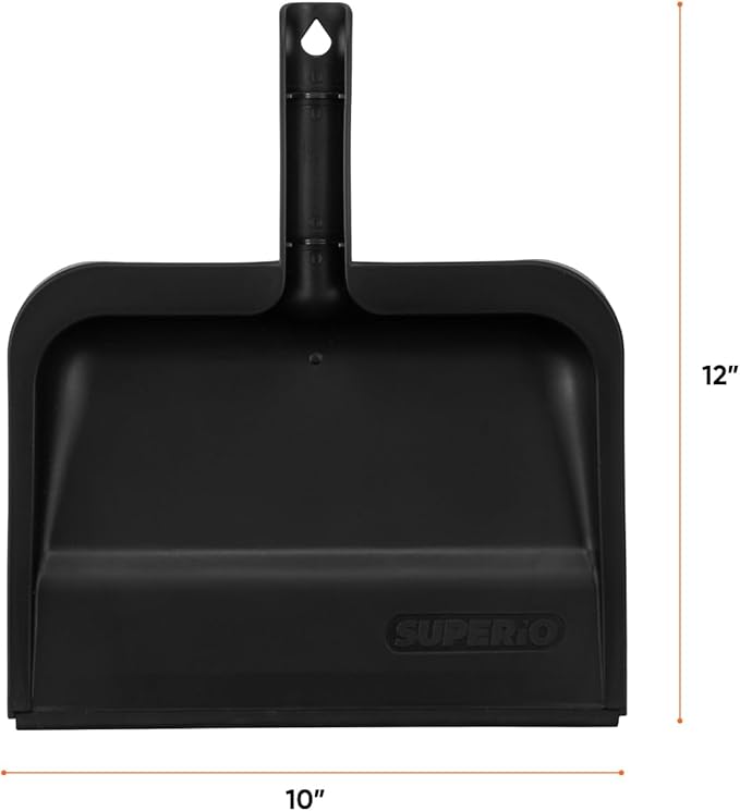 Superio Clip-On Dustpan with Rubber Lip - 10-inch Wide Durable Plastic Dust Pan with Comfort Grip Handle, Black, 3-Pack