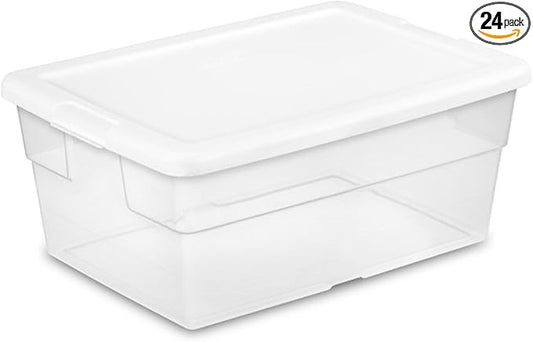 Sterilite 24-Pack 16 Quart Storage Box, Stackable Clear Plastic Bins with Snap-On Lids - Heavy-Duty Organizing Containers for Closet, Bathroom, and Office