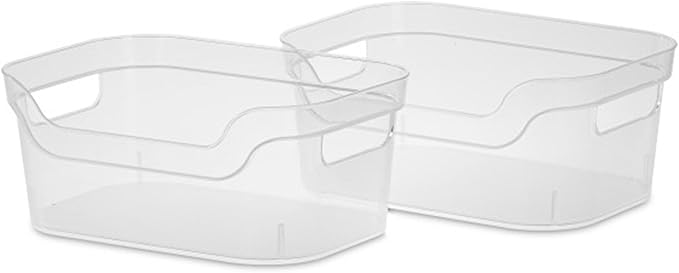 Sterilite 9.5 x 6.5 x 4 Inch Small Open Scoop Front Clear Storage Bin with Comfortable Carry Through Handles for Household Organization (64 Pack)