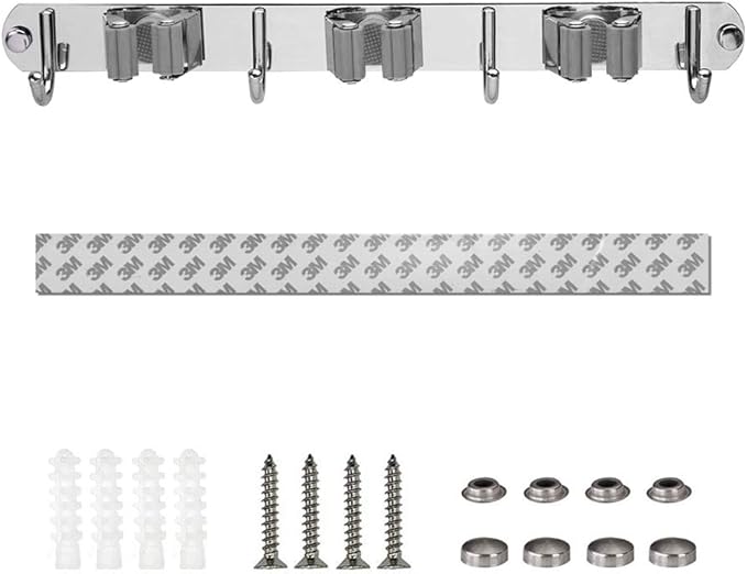 Broom Closet Organizer Wall Mounted, Heavy Duty Stainless Easy Install Broom Mop Holder with 3 Racks 4 Hooks (Grey)