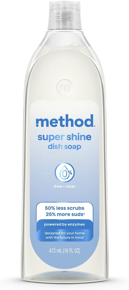 Method Super Shine Liquid Dish Soap, Powered by Enzymes, Free + Clear, Unscented, 16 fl oz