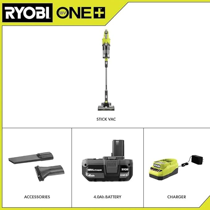 Pacroban ONE+ 18V Cordless Stick Vacuum Cleaner Kit with 4.0 Ah Battery and Charger