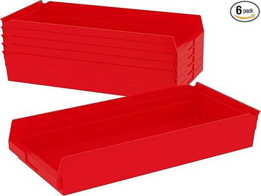 Akro-Mils 30174 Plastic Shelf Bins, Heavy Duty Storage Bins for Garage, Closet, and Drawer Organization, 24-Inch x 11-Inch x 4-Inch, Red, 6-Pack