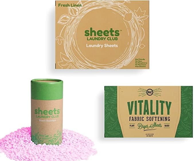 Sheets Laundry Club Bundle - 50 Pack (up to 100 loads) Fresh Linen Detergent Sheets, 40 Pack Free & Clear Dryer Sheets & 8 Oz. Sandbar Scent Booster - New Liquidless Technology