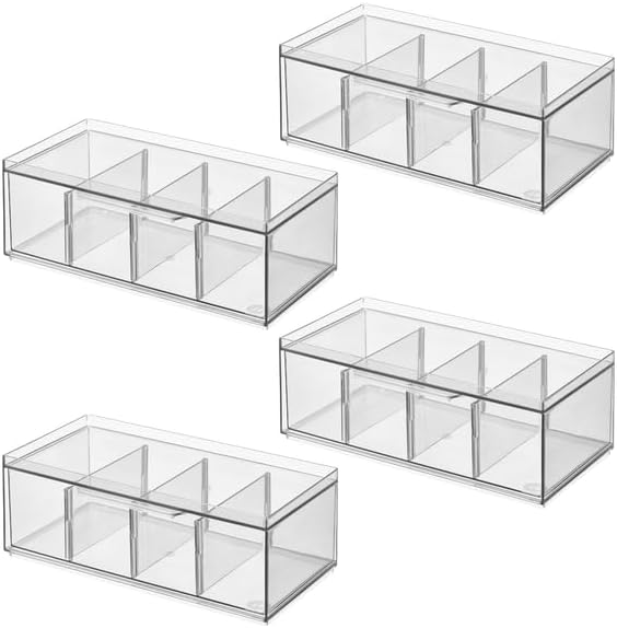 iDesign XL Storage Drawer Organizer for Counter or Cabinet, 4-Section, Clear, 4-Pack
