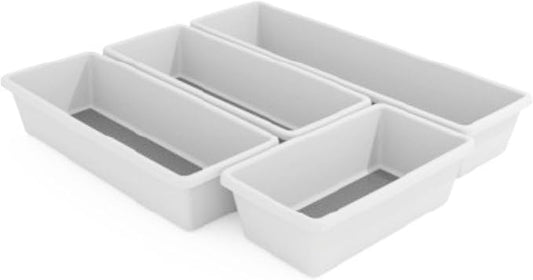 Oggi Set of 4 White Drawer Organizers - (1) 3x6.25, (2) 3x9.5, (1) 3x12.5 - Ideal for Organizing Kitchen Drawers, Office, Desk, Silverware, Kitchen Utensils, Cosmetics and Bathrooms