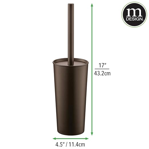 mDesign Metal Freestanding Slim Toilet Bowl Brush and Holder + Rectangle Narrow 5 Liter / 1.3 Gallon Step Pedal Trash Can Wastebasket for Bathroom - Small, Compact Design - Set of 2 - Bronze