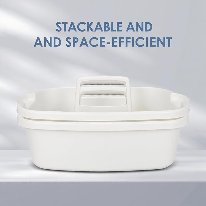 Cleaning Supplies Caddy with Handle, Portable Shower Caddy Organizer Plastic Basket with Handle, Stackable Tool Storage for Bathroom, Garden, Kitchen, Home Organization, White