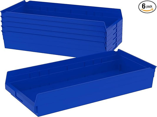 Akro-Mils 30174 Plastic Shelf Bins, Heavy Duty Storage Bins for Garage, Closet, and Drawer Organization, 24-Inch x 11-Inch x 4-Inch, Blue, 6-Pack