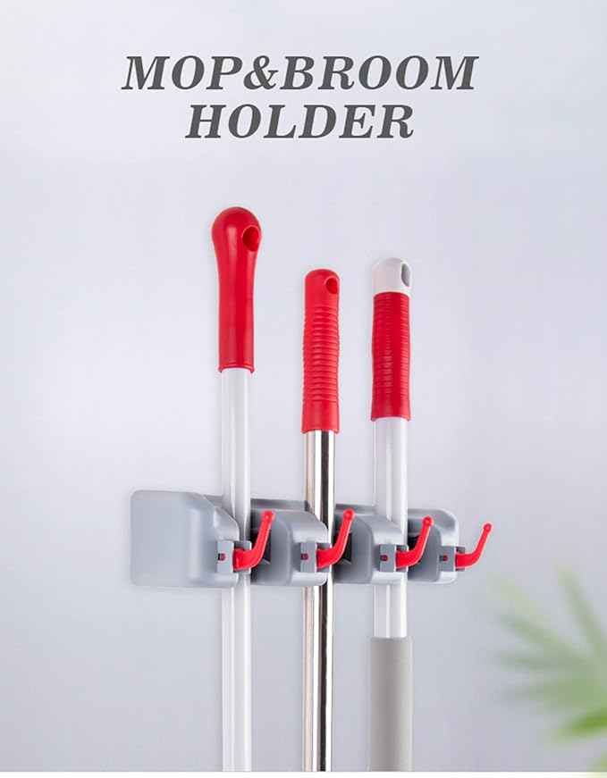 Broom and Mop Holder Wall Mount -Mop and Broom Storage Rack Wall Mounted Utility Rack (3 Slots 4 Hooks-Grey+Red)