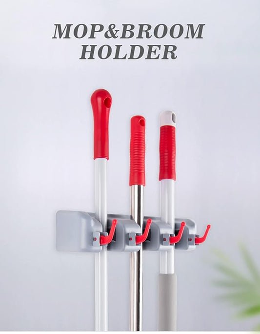 Broom and Mop Holder Wall Mount -Mop and Broom Storage Rack Wall Mounted Utility Rack (3 Slots 4 Hooks-Grey+Red)