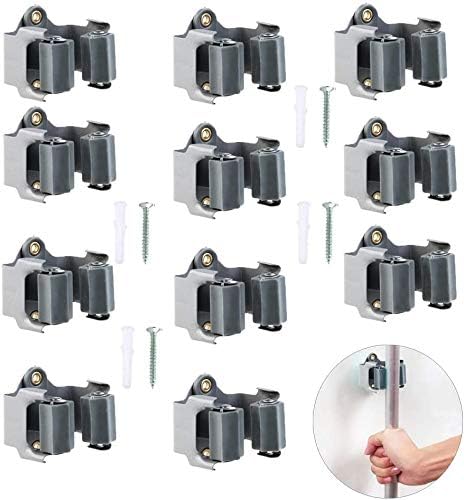 10Pcs Broom Mop Wall Mount Holder Gray Wall Rack Organizer Bathroom Storage Hanger with Screws for Home, Kitchen, Garden