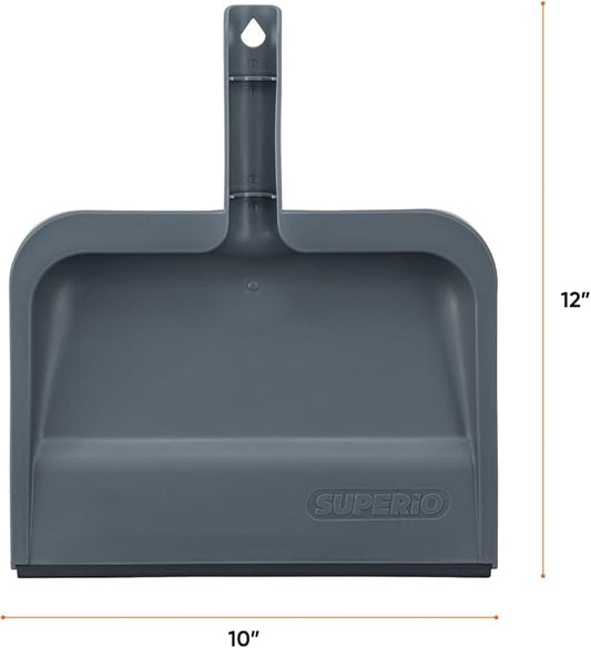 Superio Clip-On Dustpan with Rubber Lip - 10-inch Wide Durable Plastic Dust Pan with Comfort Grip Handle, Lightweight Multi Surface, Heavy Duty, Easy Sweep Broom Gray