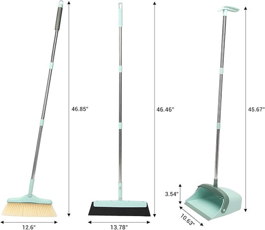 Broom and Dustpan Set,Squeegee Broom,Long Handle Broom and Dustpan Set,Broom with Stand Up Dustpan Combo Set,Squeegee - Kit for Indoor Cleaning 2+1 for Home, Office, Lobby(Green)