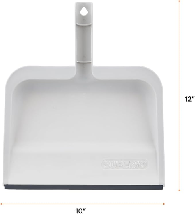 Superio Clip-On Dustpan with Rubber Lip - 10-inch Wide Durable Plastic Dust Pan with Comfort Grip Handle, White, 2-Pack