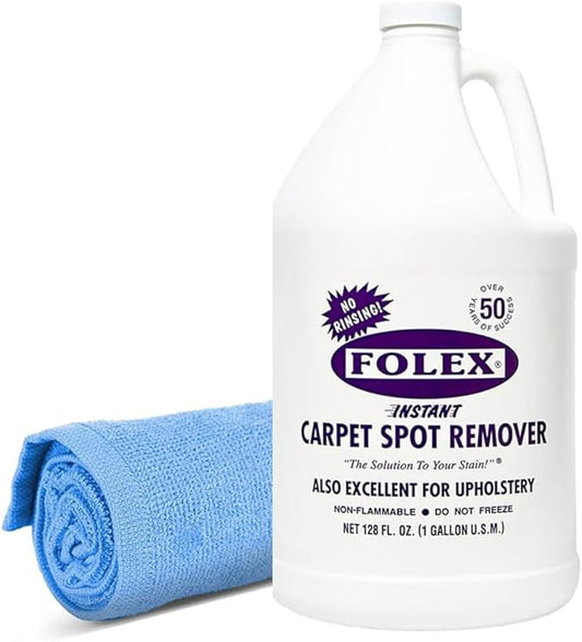 FOLEX Instant Carpet Spot Remover 128 oz - Powerful Stain Remover for Carpets, Upholstery & Rugs - Eliminates Pet Stains, Grease, Red Wine, Food, Makeup & More - With Reusable Cleaning Cloth - 1 Pack