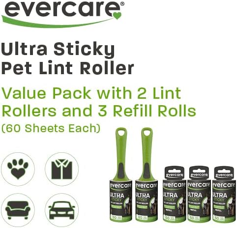 Evercare Ultra Sticky Pet Lint Roller Value Pack with 2 Lint Rollers and 3 Refill Rolls, 60 Sheets Each