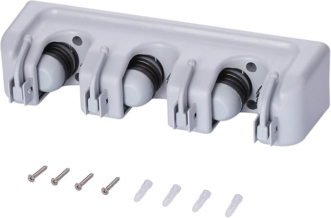 Mop and Broom Holder Broom Hanger Wall Mounted Home Garden Garage Tool Organizer Storage Rack 3 Slots with 4 Hooks,Grey